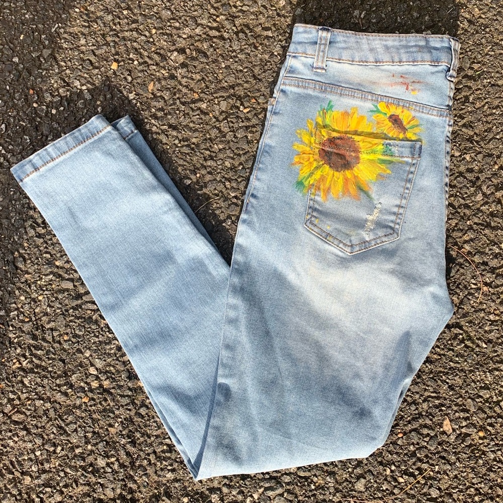 handmade sunflower painted jeans
